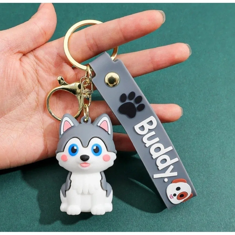 Husky Gray & White Blue Eyes 3D PVC Keychain Figure Backpack Clip Keyring